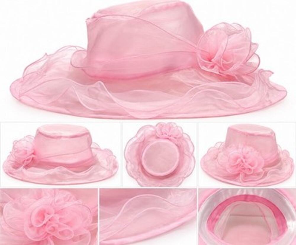 Vintage Style Pink Organza Wide Brim Dress Hat Floral Ruffle Church Derby Women